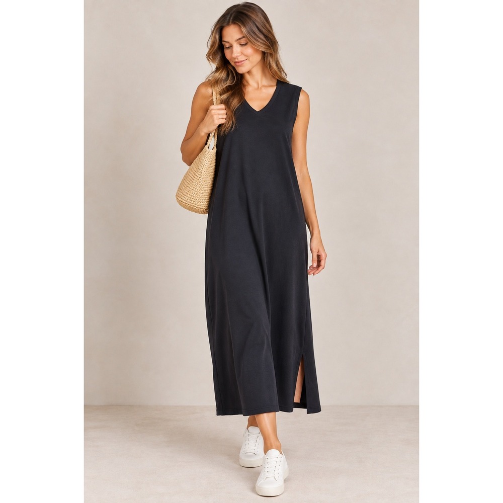 AMO Maxi Dress Womens Small Black Cotton V-Neck Sleeveless Side Slit Relaxed